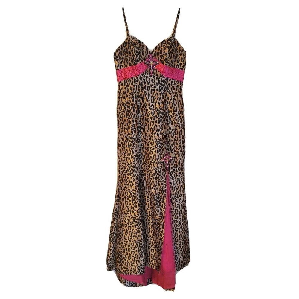 Party Time Formal Dress Prom Leopard Print Mermaid Hand Jeweled size 4 w/ Bag